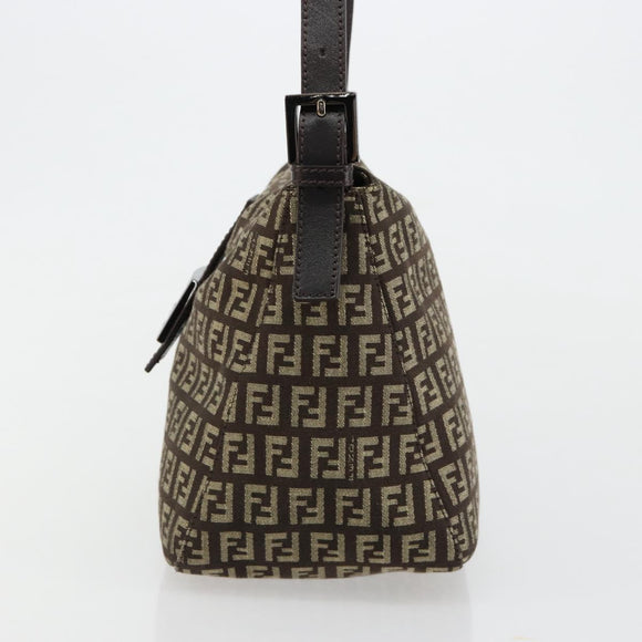 FENDI Zucchino Canvas Mamma Baguette Shoulder Bag Silver Brown Auth 182652SAM