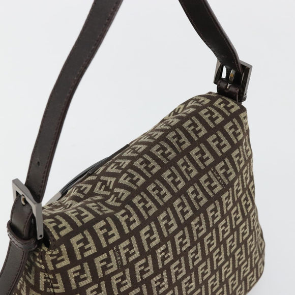 FENDI Zucchino Canvas Mamma Baguette Shoulder Bag Silver Brown Auth 182652SAM