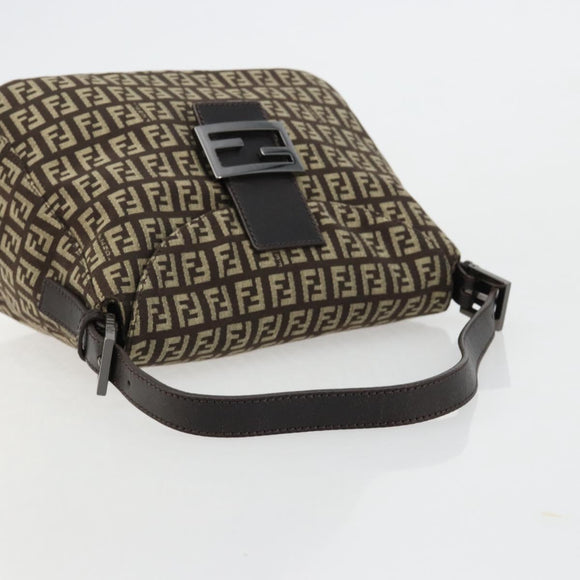 FENDI Zucchino Canvas Mamma Baguette Shoulder Bag Silver Brown Auth 182652SAM