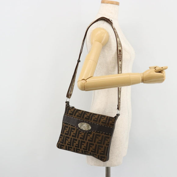 FENDI Zucca Canvas Celeria Shoulder Bag Black Brown Auth 182654A