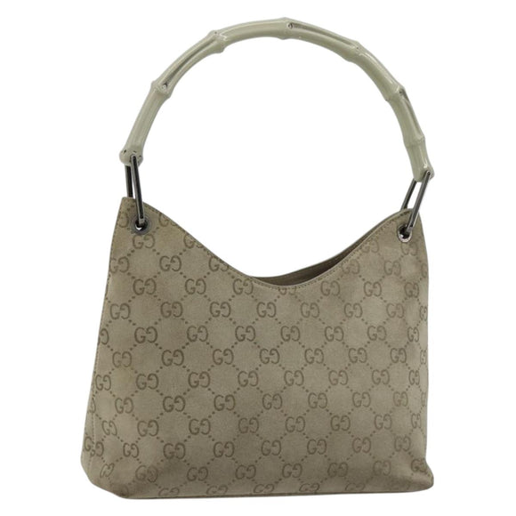 GUCCI GG Canvas Bamboo Umhängetasche Wildleder Grau Silber 001 2058 3008 Auth 182655
