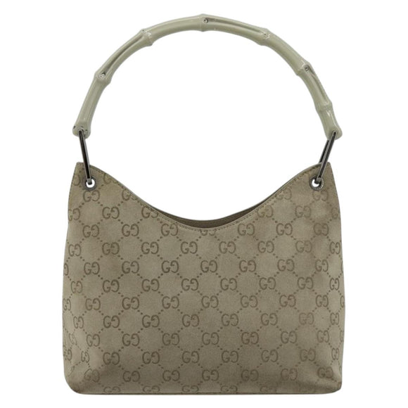 GUCCI GG Canvas Bamboo Umhängetasche Wildleder Grau Silber 001 2058 3008 Auth 182655