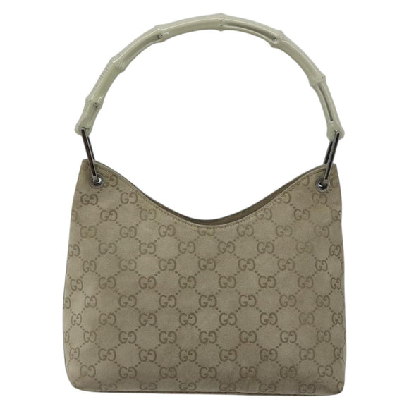 GUCCI GG Canvas Bamboo Umhängetasche Wildleder Grau Silber 001 2058 3008 Auth 182655