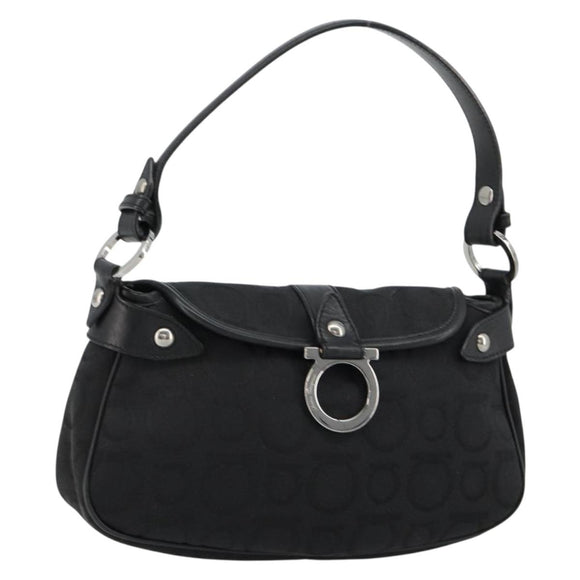 Salvatore Ferragamo Gancini Shoulder Bag Canvas Black Silver Auth 182658A