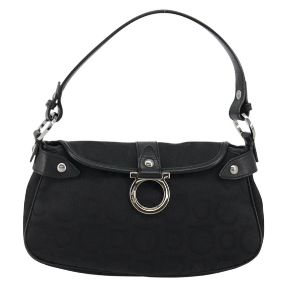 Salvatore Ferragamo Gancini Shoulder Bag Canvas Black Silver Auth 182658A