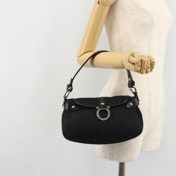 Salvatore Ferragamo Gancini Shoulder Bag Canvas Black Silver Auth 182658A