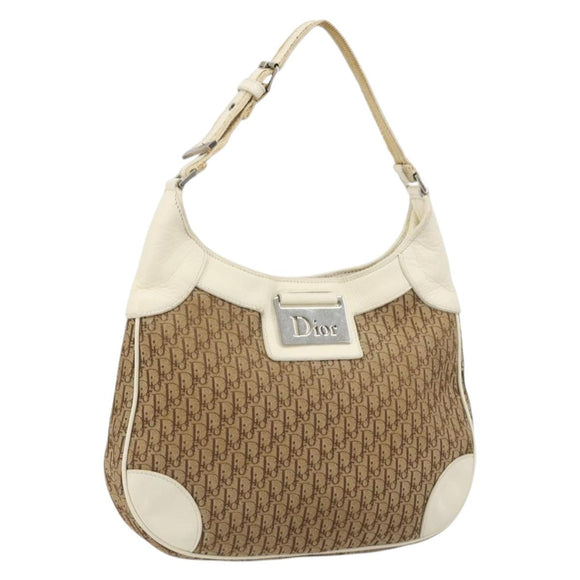 Christian Dior Trotter Canvas Shoulder Bag Beige Silver Auth 182667