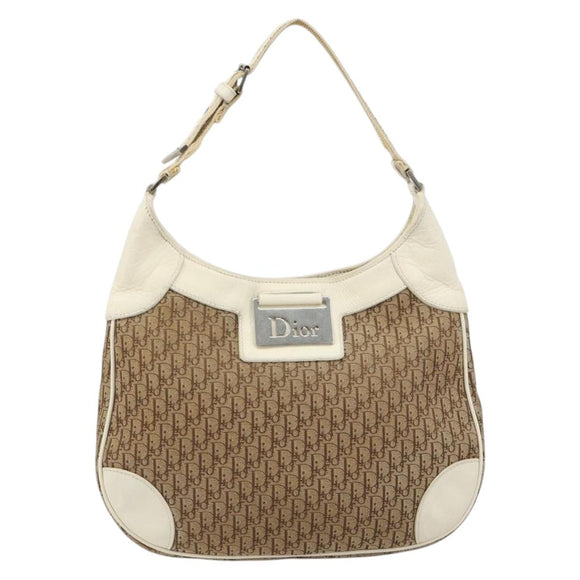 Christian Dior Trotter Canvas Shoulder Bag Beige Silver Auth 182667