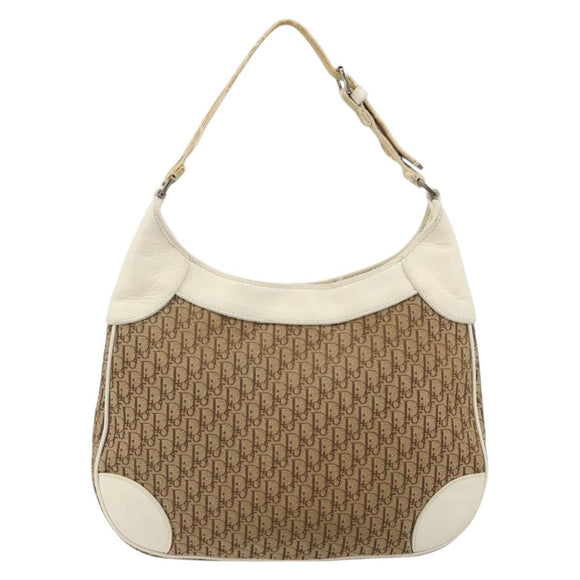 Christian Dior Trotter Canvas Shoulder Bag Beige Silver Auth 182667