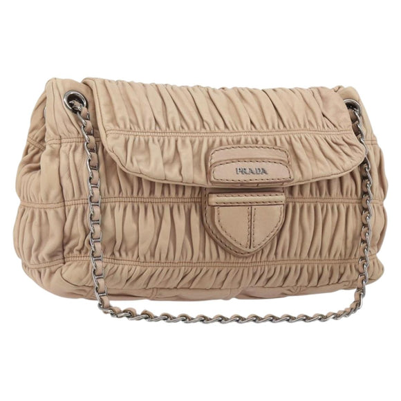 PRADA Gathered Chain Shoulder Bag Leather Pink Silver Auth 182672A
