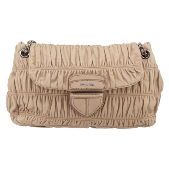 PRADA Gathered Chain Shoulder Bag Leather Pink Silver Auth 182672A