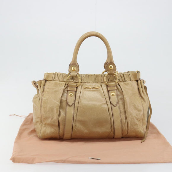 Miu Miu Hand Bag Leather 2way Beige Gold Auth 182679SAM