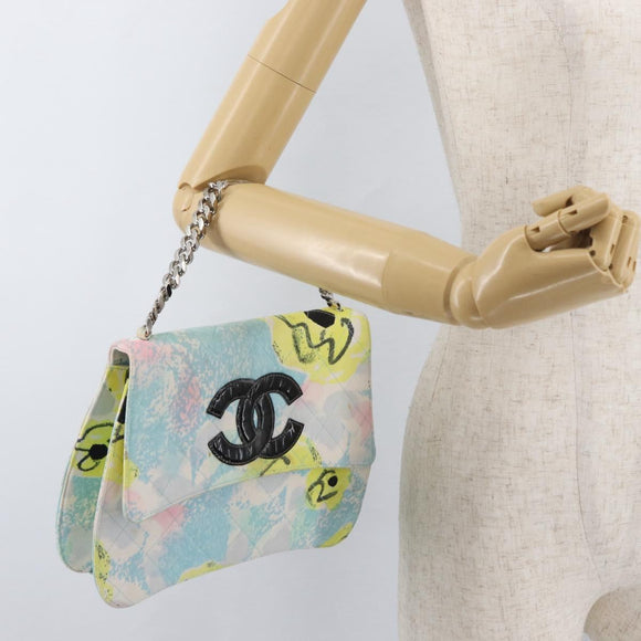 CHANEL Matelasse Chain Shoulder Bag Cotton Multicolor Silver CC Auth 182692SAV