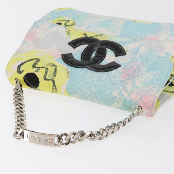 CHANEL Matelasse Chain Shoulder Bag Cotton Multicolor Silver CC Auth 182692SAV