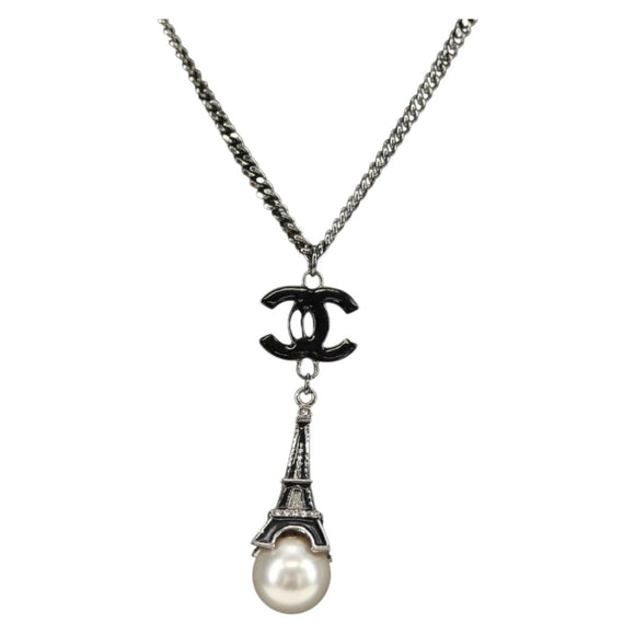 CHANEL COCO Mark Necklace metal Black CC Auth 182697M
