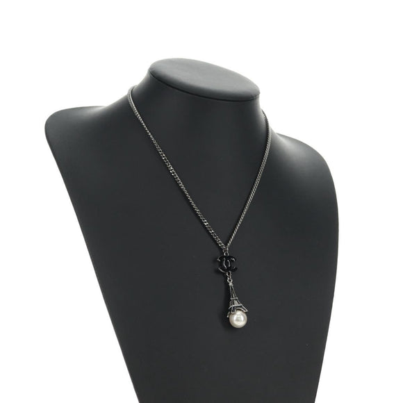CHANEL COCO Mark Necklace metal Black CC Auth 182697M