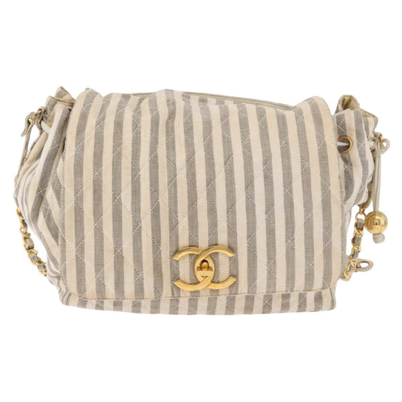 CHANEL Chain Matelasse Shoulder Bag Canvas Gray Gold CC Auth 182717