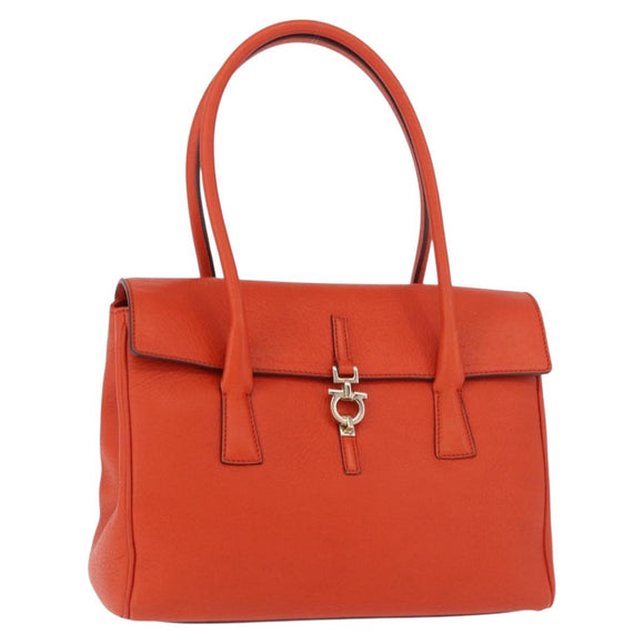 Salvatore Ferragamo Gancini Hand Bag Leather Orange Gold Auth 182721A