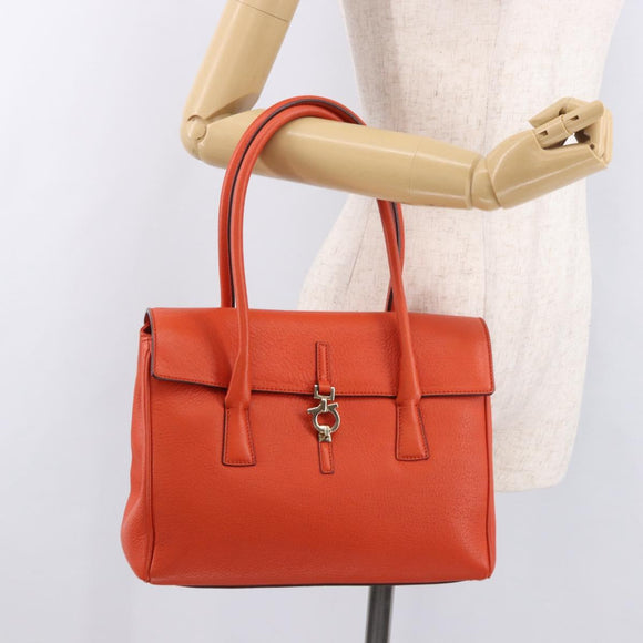 Salvatore Ferragamo Gancini Hand Bag Leather Orange Gold Auth 182721A