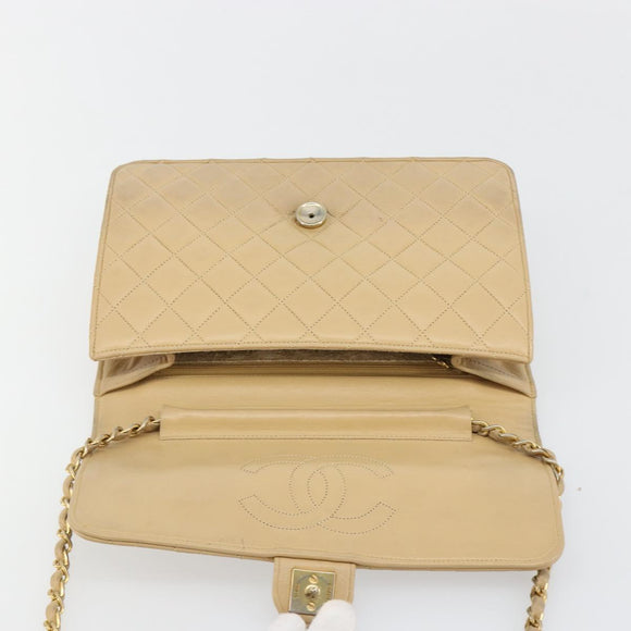 CHANEL Matelasse 25 Chain Shoulder Bag Lamb Skin Beige Gold CC Auth 182740
