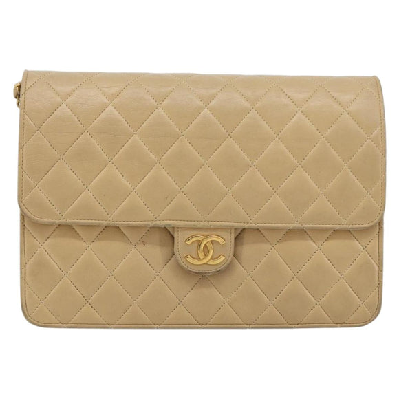 CHANEL Matelasse 25 Chain Shoulder Bag Lamb Skin Beige Gold CC Auth 182740