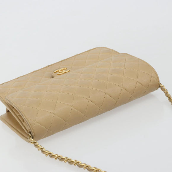 CHANEL Matelasse 25 Chain Shoulder Bag Lamb Skin Beige Gold CC Auth 182740