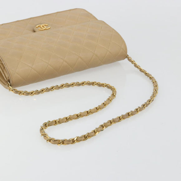 CHANEL Matelasse 25 Chain Shoulder Bag Lamb Skin Beige Gold CC Auth 182740