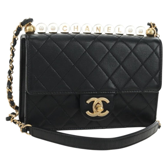 CHANEL Matelasse Chain Shoulder Bag Lamb Skin Black Gold CC Auth 182742SAM