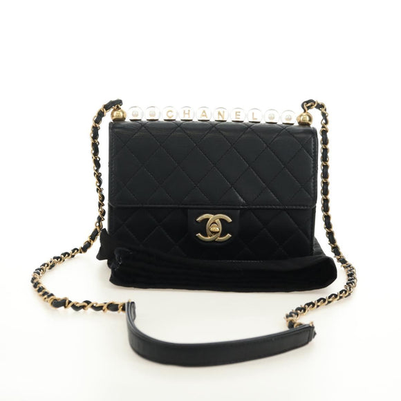 CHANEL Matelasse Chain Shoulder Bag Lamb Skin Black Gold CC Auth 182742SAM