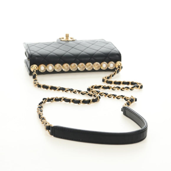 CHANEL Matelasse Chain Shoulder Bag Lamb Skin Black Gold CC Auth 182742SAM