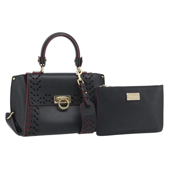 Salvatore Ferragamo Gancini Hand Bag Leather 2way Black Gold Auth 182777V