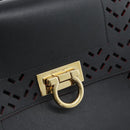 Salvatore Ferragamo Gancini Hand Bag Leather 2way Black Gold Auth 182777V-16