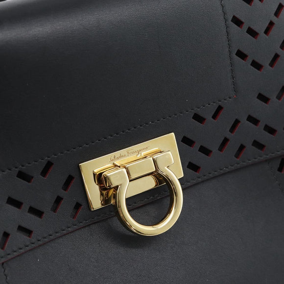 Salvatore Ferragamo Gancini Hand Bag Leather 2way Black Gold Auth 182777V