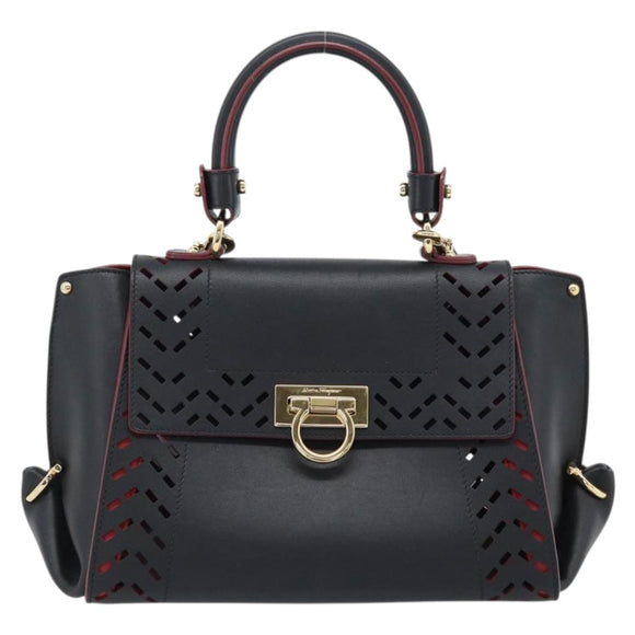 Salvatore Ferragamo Gancini Hand Bag Leather 2way Black Gold Auth 182777V