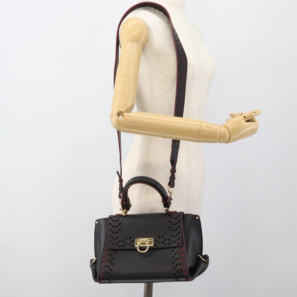 Salvatore Ferragamo Gancini Hand Bag Leather 2way Black Gold Auth 182777V