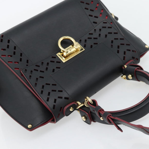 Salvatore Ferragamo Gancini Hand Bag Leather 2way Black Gold Auth 182777V