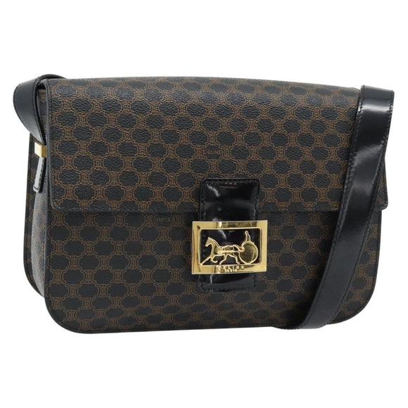 CELINE Macadam Canvas Horse Carriage Bag PVC Leather Black Gold Auth 182778V