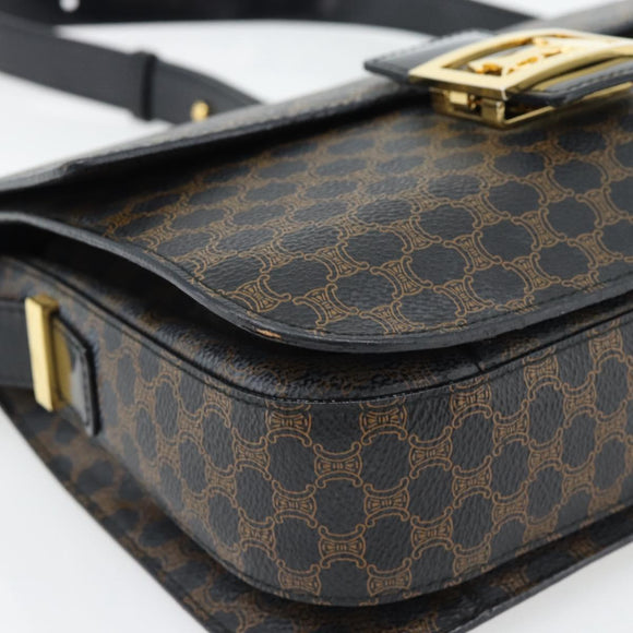 CELINE Macadam Canvas Horse Carriage Bag PVC Leather Black Gold Auth 182778V
