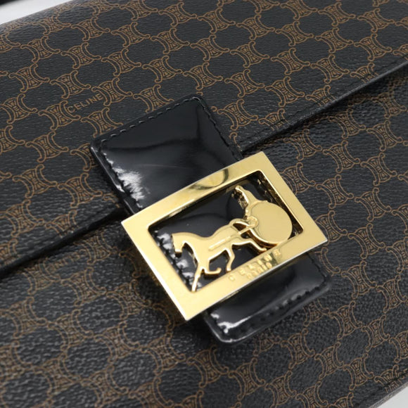 CELINE Macadam Canvas Horse Carriage Bag PVC Leather Black Gold Auth 182778V