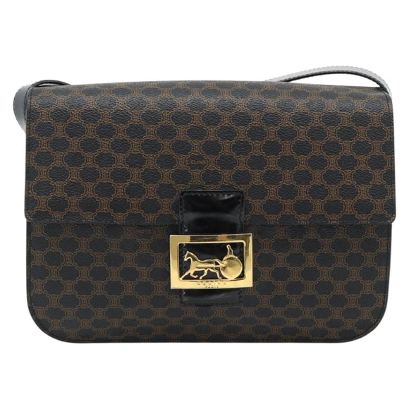 CELINE Macadam Canvas Horse Carriage Bag PVC Leather Black Gold Auth 182778V