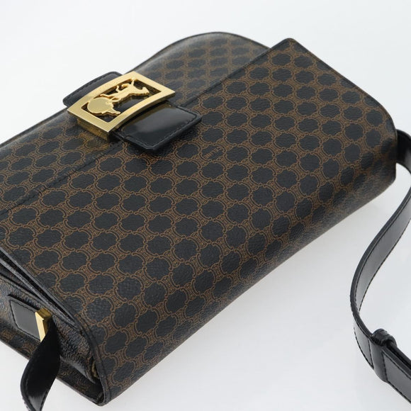 CELINE Macadam Canvas Horse Carriage Bag PVC Leather Black Gold Auth 182778V