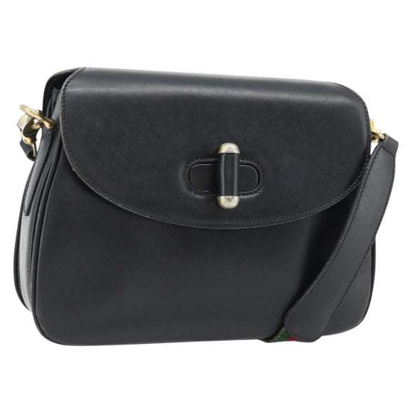 GUCCI Web Sherry Line Shoulder Bag Leather Black Gold Red Auth 182780A