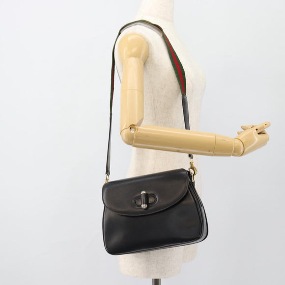 GUCCI Web Sherry Line Shoulder Bag Leather Black Gold Red Auth 182780A