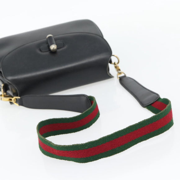 GUCCI Web Sherry Line Shoulder Bag Leather Black Gold Red Auth 182780A