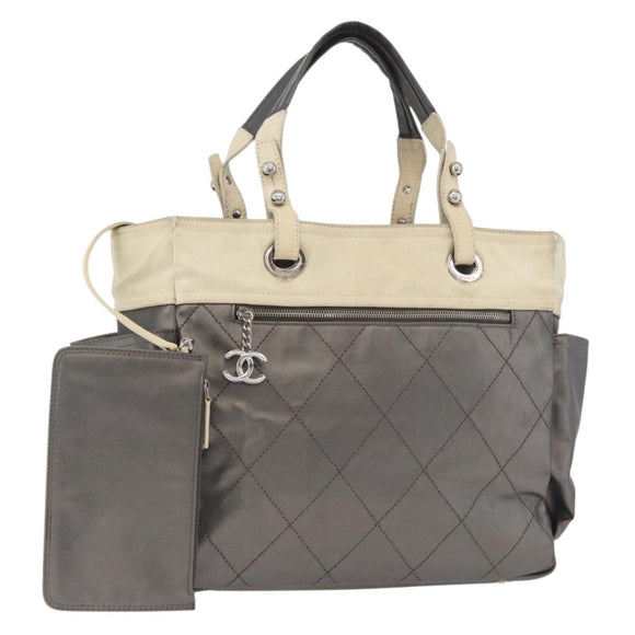 CHANEL Paris Biarritz MM Tote Bag Coated Canvas Silver CC Auth 182784
