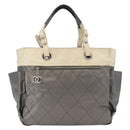 CHANEL Paris Biarritz MM Tote Bag Coated Canvas Silver CC Auth 182784-13