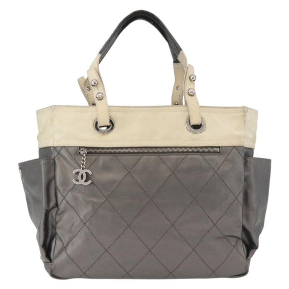 CHANEL Paris Biarritz MM Tote Bag Coated Canvas Silver CC Auth 182784