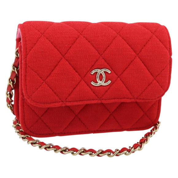 CHANEL Chain Mini Matelasse 12 Umhängetasche Baumwolle Rot Gold CC Auth 182786SM