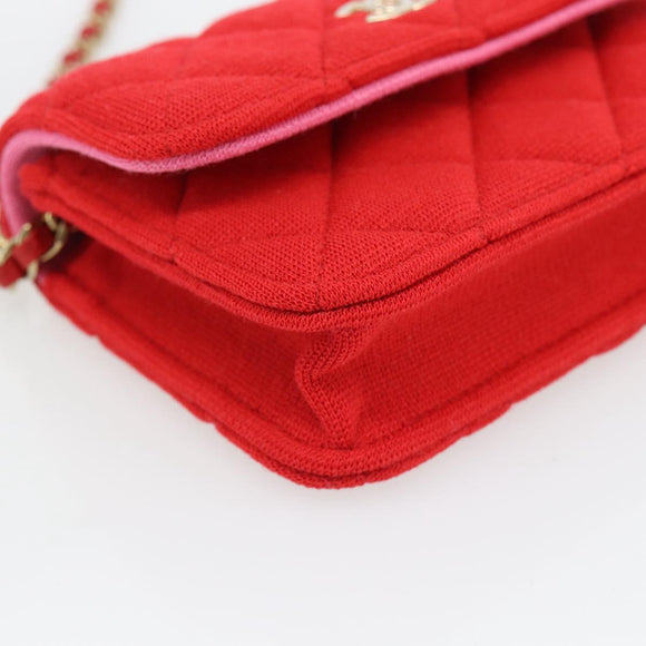 CHANEL Chain Mini Matelasse 12 Umhängetasche Baumwolle Rot Gold CC Auth 182786SM