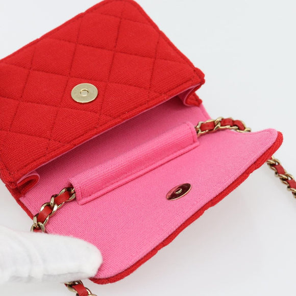 CHANEL Chain Mini Matelasse 12 Umhängetasche Baumwolle Rot Gold CC Auth 182786SM